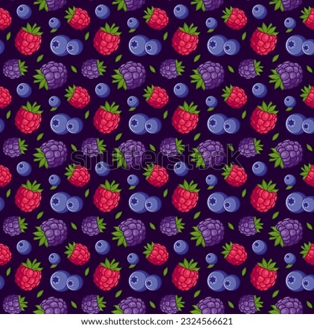 Seamless pattern with blackberries, raspberries, strawberries, leaves on a blue background. Ideal for textiles, summer decorations, wallpaper, healthy food menus.