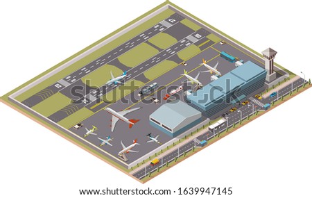 Airport Infographic vector isometric design elements. Map of the city's airport. Terminal, airport traffic, control tower, hangar, departure jet, airplanes, ground support vehicles and workers, runway