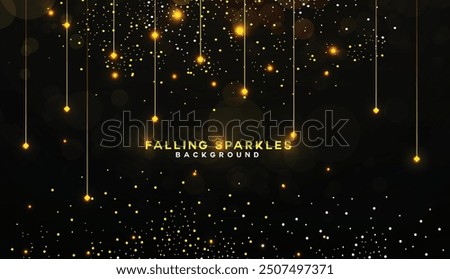 Black and golden color falling sparkle background. Glitter abstract banner Holiday abstract golden falling shines background template. Golden color falling sparking lighting background design.