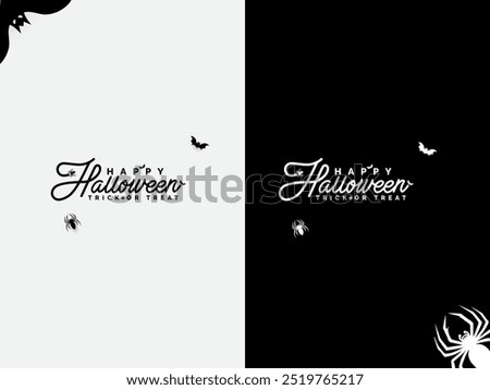 Halloween wordmark design black and white color. Happy Halloween calligraphy design. Black and white color Halloween typography design with pumpkins, bats, and spider web. 