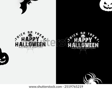 Halloween wordmark design black and white color. Happy Halloween calligraphy design. Black and white color Halloween typography design with pumpkins, bats, and spider web. 