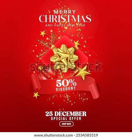 Vertical merry Christmas celebration poster design with hanging Xmas ball, star, snow, and bokeh effect. Realistic Xmas holiday product discount poster design. Greeting Christmas inviting card art. 