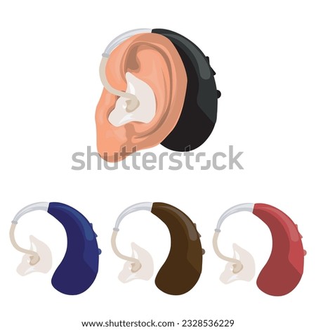 Deaf and hear aid concept.medium dark skin tones ear. Vector flat human illustration set. with set of colored hearing aid device.