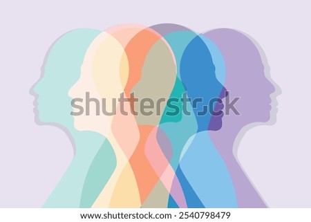 a group of silhouettes of people with different colors. concept of communication, forward, friendship and social relation.