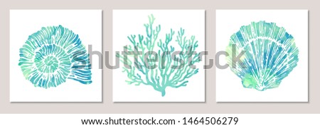 Vector set of sea elements in blue watercolor style: seashells, starfish, coral. Composition of illustrations on wall in white frames