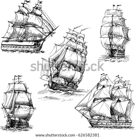 Hand drawn vector set of vintage sailing ships in the sea