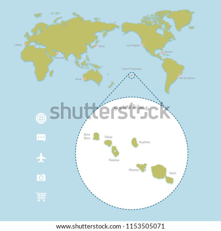 World map with enlarged detail of French Polynesia main islands. 