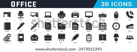 Office icon design set, Office flat icons pack, desk, chair, computer, laptop, printer, scanner, monitor, keyboard, mouse, phone