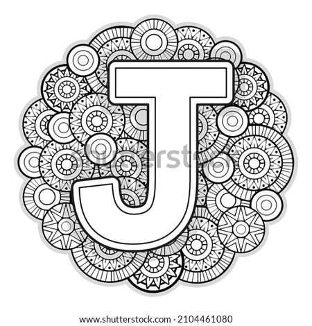Vector Coloring page for adults. Contour black and white Capital English Letter J on a mandala background