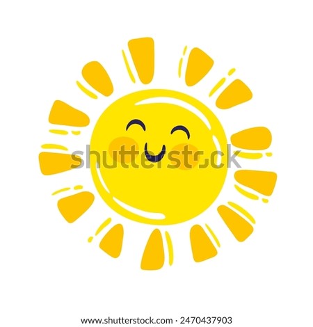 Happy smiling sun, funny sticker, summer symbol, weather sign, logo design, childish clip art element. Hand drawn vector illustration of smiling sun isolated on white background