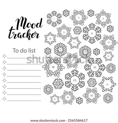 Mood tracker blank with hand drawn lettering and floral sketch. Bullet journal or monthly planer template. Printable organizer, diary, planner for important goals