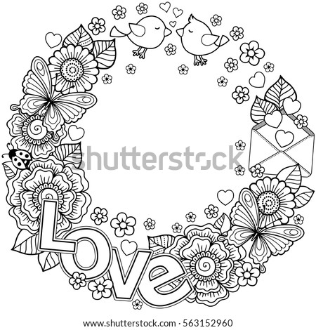 Vector Coloring Page For Adult Rounder Frame Made Of Flowers Butterflies Birds Kissing