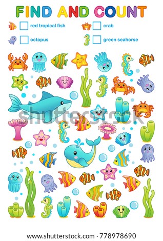 Math exercises for the study of numbers. find and count A book for printing for a kindergarten and a preschool institution. Bright sea creatures: seahorse, shark, seaweed, corals, tropical fish