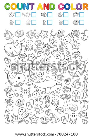 Math exercises for the study of numbers. Find, count and color. Printable worksheet for kindergarten and a preschool institution. Funny sea creatures: seahorse, shark, seaweed, corals, tropical fish