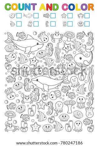Math exercises for the study of numbers. Find, count and color. Printable worksheet for kindergarten and a preschool institution. Funny sea creatures: seahorse, shark, seaweed, corals, tropical fish