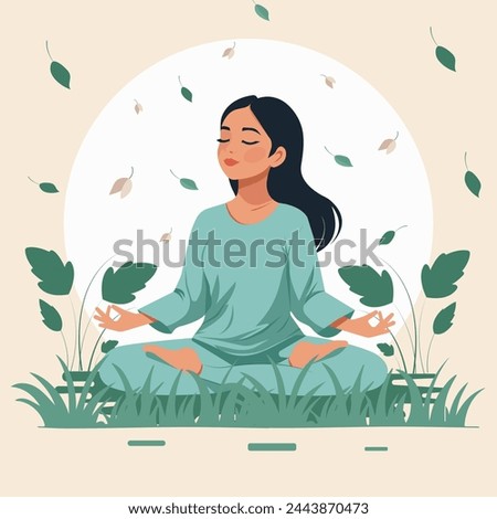 Vector flat illustration of a beautiful young girl in comfortable clothes meditating outdoors.
