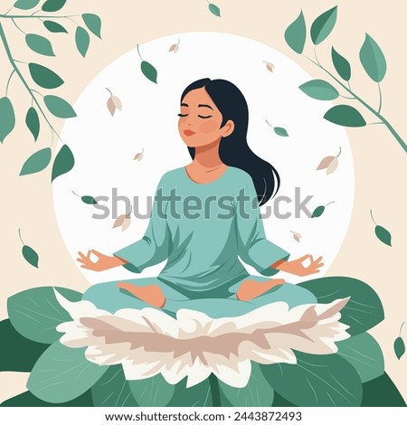 Vector flat illustration of a beautiful young girl in comfortable clothes meditating outdoors in a big flower.
