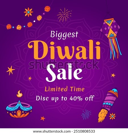 Biggest Diwali Sale banner with Beautiful Design and disc up to 40% off. Limited Time. Vector Illustration. 