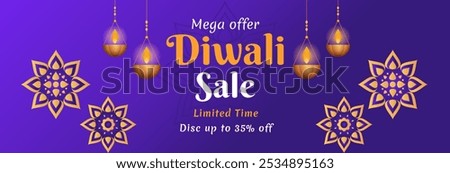 Diwali Sale Banner with up to 35% off. Vector Illustration. Happy Deepawali. Diwali Offer. Mega Offer.  Disc up to 35% off. Limited Time.