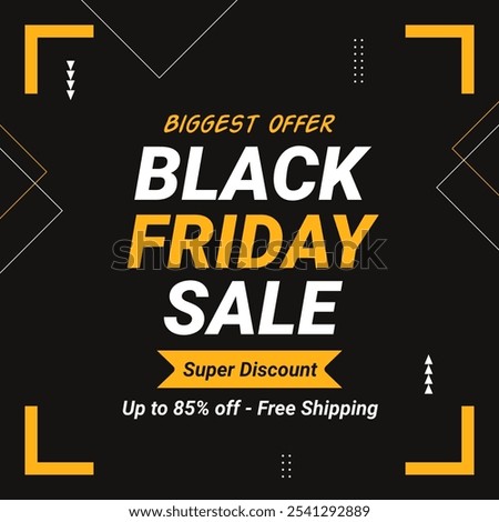 Black Friday Sale Banner With disc up to 85% off. Vector. Super Discount. Free Shipping. Biggest Offer. Illustration. Black Friday. Black Friday Background. Black Friday Shopping.