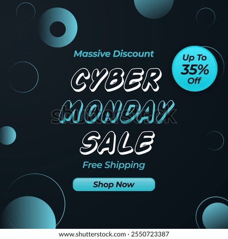 Cyber Monday Sale banner template for ads, web and social media. Vector illustration. Massive Discount. Up to 35% off. Shop Now. 35% off. Free Shipping. 35% discount.