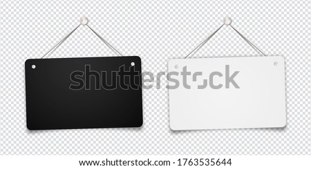 White and black shop door signs hanging isolated on transparent background. Empty or blank sign for store, restaurant or cafe. Vector illustration. EPS 10 Foto d'archivio © 