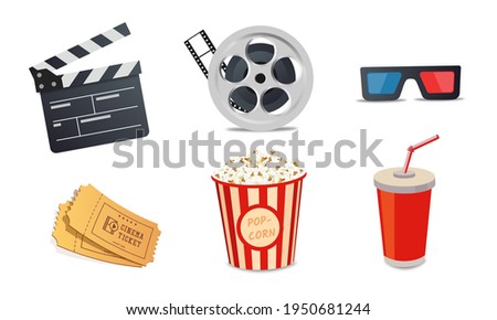 Cartoon cinema elements. Movie theater popcorn, filming cinema clapperboard. 3d glass, drink and movies premiere ticket cinematography vector illustration set eps 10