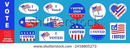 I voted stickers set with american flag. Voter badge. USA election campaign pins.