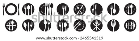 Fork, spoon, knife and plate. Menu symbol. Tableware instruments. Restaurant icon. Food, plate, fork, knife, spoon, cutlery icon set.