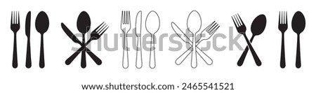 Fork, spoon, knife and plate. Menu symbol. Tableware instruments. Restaurant icon. Food, plate, fork, knife, spoon, cutlery icon set.