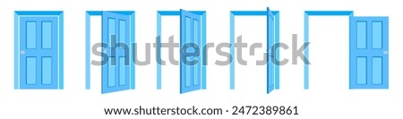 Door icons. Open door sequence. Cartoon style of entrance and exit through door.Open, close and ajar door. 