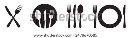 Fork, spoon, knife and plate. Menu symbol. Tableware instruments. Restaurant icon. Food, plate, fork, knife, spoon, cutlery icon set.