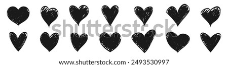 Heart icon sketch doodle illustration set. Black and white collection. Romantic Heart bonds. Feeling love. Silhouette of blank heart. Everlasting beating heart.