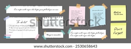 Paper sticky notes. Memo messages. Notepads and torn paper sheets. Blank notepaper of meeting reminder, to do list and office notice.