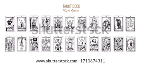 Big Tarot card deck.  Major arcana set part  . Vector hand drawn engraved style. Occult and alchemy symbolism. The fool, magician, high priestess, empress, emperor, lovers, hierophant, chariot