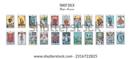  Tarot card colorful deck.  Major arcana set part  . Vector hand drawn engraved style. Occult and alchemy symbolism. The fool, magician, high priestess, empress, emperor, lovers, hierophant, chariot