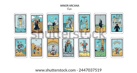  Tarot cards vector deck . Minor Arcana Cups set. Occult esoteric spiritual Tarot Ace, King, Queen, Knight, Page, Two through Ten signs. Isolated colored hand drawn illustrations