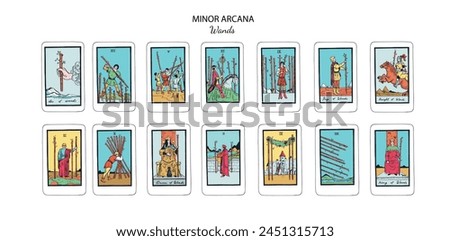 Tarot cards vector deck . Minor Arcana Wands set. Occult esoteric spiritual Tarot Ace, King, Queen, Knight, Page, Two through Ten signs. Isolated colored hand drawn illustrations