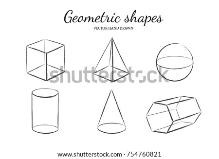 Geometric shapes set. Vector hand drawn illustration. Isolated objects. Cube, Pyramid, Cylinder Cone Prism Sphere