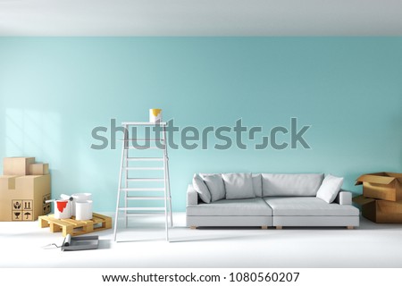 3D rendering : illustration of repair ladder for painter of wall painting. decoration your home concept. re-new your home concept. design your interior. move into new home. stack of many box packaged Stock foto © 