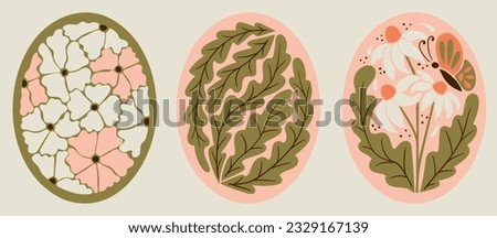 Abstract retro floral posters. Collection of three vector botanical flat composition in oval form. Ideal for interior decoration, posters, t shirt print, social media graphics, wall art, printout
