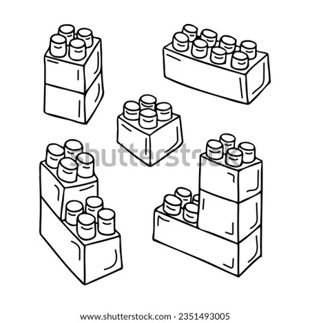 Collection of hand drawn kids toy bricks. Black vector blocks on white background. Sketch technique. Childish style. Suitable for coloring pages, stickers, tatoo.