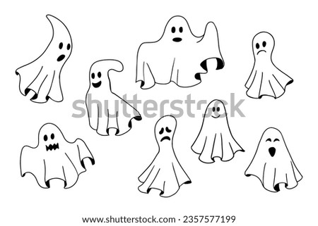 Doodle collection of hand drawn outline ghosts. Sketch design for Halloween. Black sketch cartoon elements on white background. Good for coloring pages, stickers, tatoo.