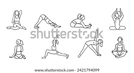 Doodle hand drawn outline set with yoga poses. Hand drawn icons collection of woman doing yoga exercises in different poses. Sketch outline illustration on white background for coloring pages, tattoo