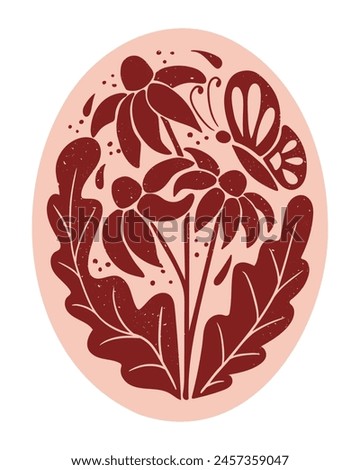 Oval duotone abstract floral composition isolated on white background. Flat hand drawn illustration with flowers and butterfly in printmaking technique with grunge texture and scratches