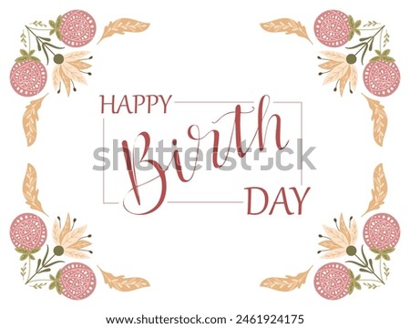 Happy birthday horizontal greeting card or banner in retro folk style with symmetry floral compositions in muted colors isolated on white background. Botanical vector template for birthday party