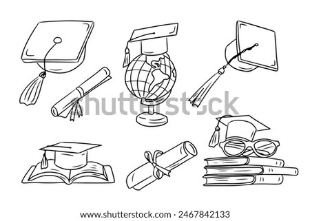 Education contour doodle set with graduating hat and related items. Collection of sketchy outline drawings isolate on white background. Monochrome school or university outline stickers