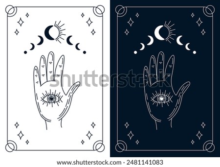 Tarot cards split set - esoteric mystical deck with spiritual hand and eye. Vector design template, boho style. Monochrome design