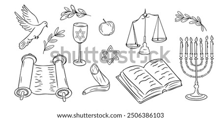 Yom Kippur holiday doodle set. Monochrome vector contour stickers with shofar, menorah and Torah book and scroll isolated oh white background. Sketchy drawing of items related to Jewish holiday