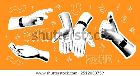 Halftone hands with smartwatch and scribbles. Retro collage elements for posters, banner, social media. Vector illustration with contour scribbles and words